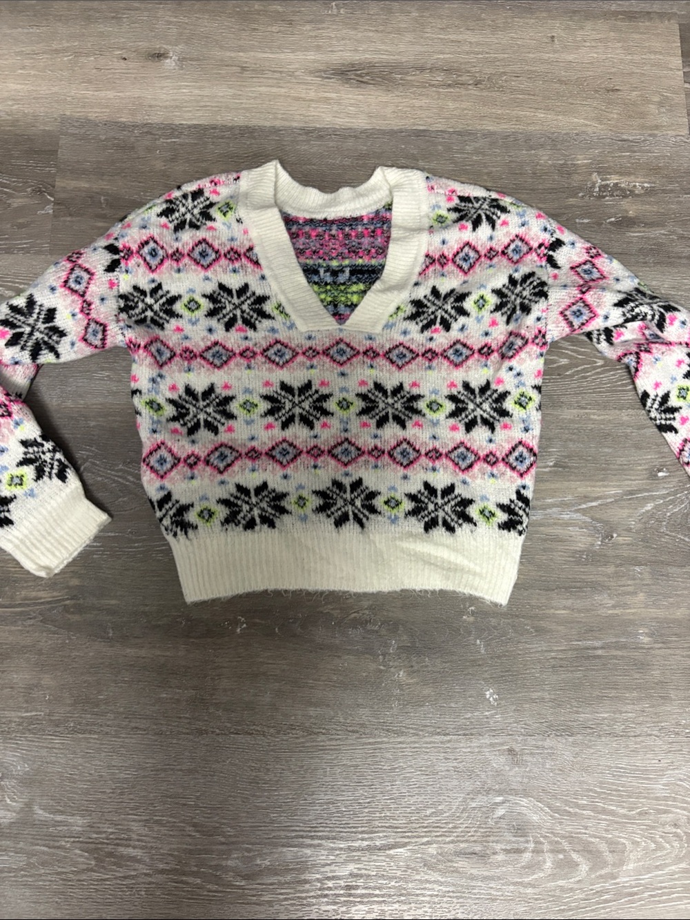 PINK Victoria's Secret Cream V-Neck Fair Isle Sweater with Pink & Black Accents